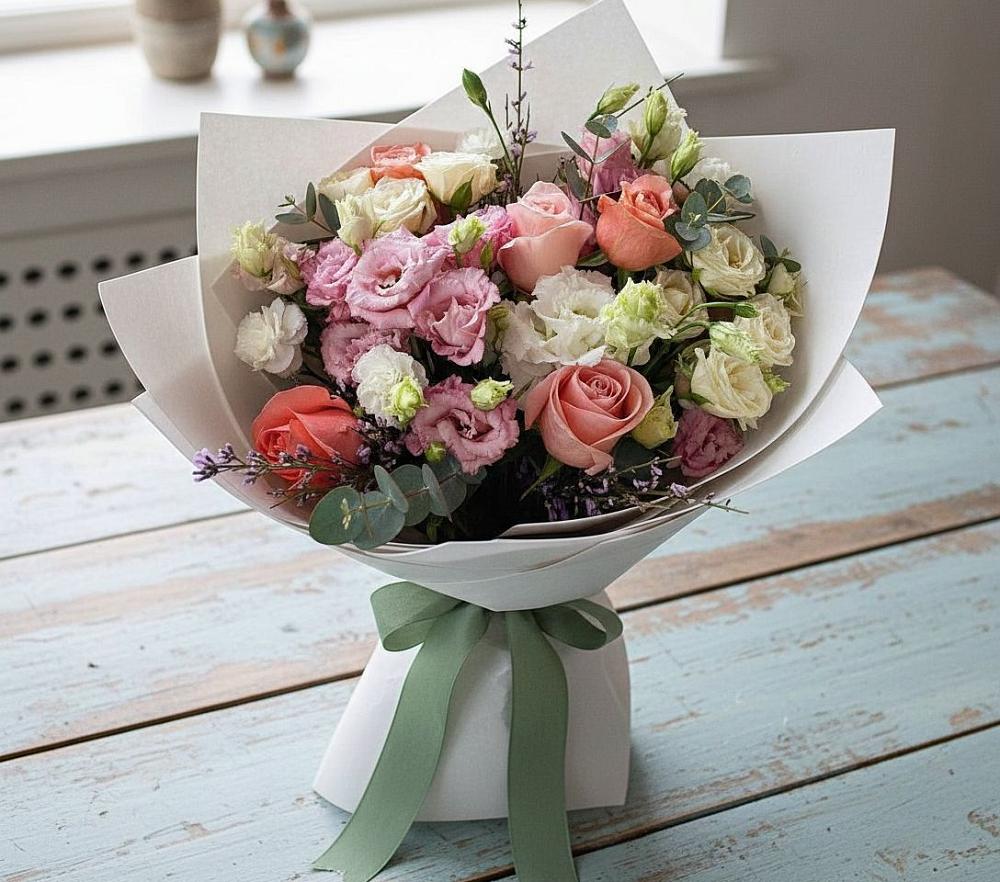 Букет цветов из: Розы, Лизиантусы и Гвоздики в Хоста