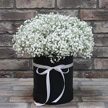 Цветочная композиция из Гипсофила в шляпной коробке в Хоста
