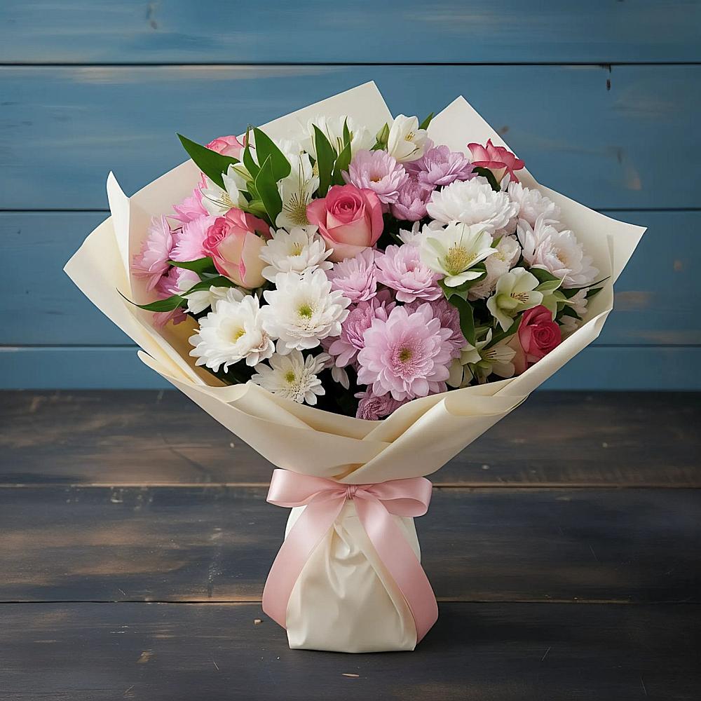 Букет цветов из: Хризантемы, Альстромерии и Розы в Хоста